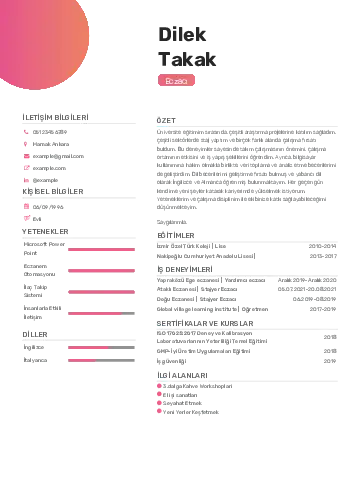 Eczacı CV Örnekleri cv indir
